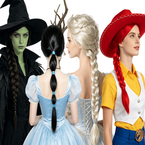 Halloween Cosplay Wig Set – Single Braided Ponytail Wig (Black, Red, White); Includes Styles For Witches, Princesses, And Cowgirls; Perfect For Holiday Costume Parties.