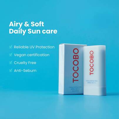 TOCOBO Barra solar suave de algodón SPF50+ PA+++ 0.67 onzas / 0.67 oz | Ingredientes naturales, antisebo, sensación mate suave | EWG Green + sin PEG, barra solar vegana coreana para la cara