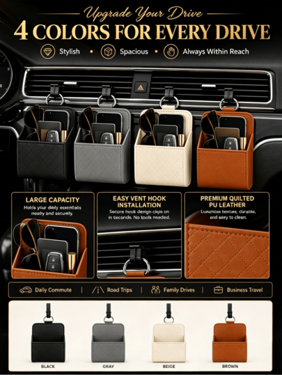 Caja de almacenamiento para rejilla de ventilación del coche, bolsa de almacenamiento colgante de cuero PU para teléfono, gafas, llaves, monedas y tarjetas, accesorios universales para el interior del coche para sedanes, SUVs y camiones