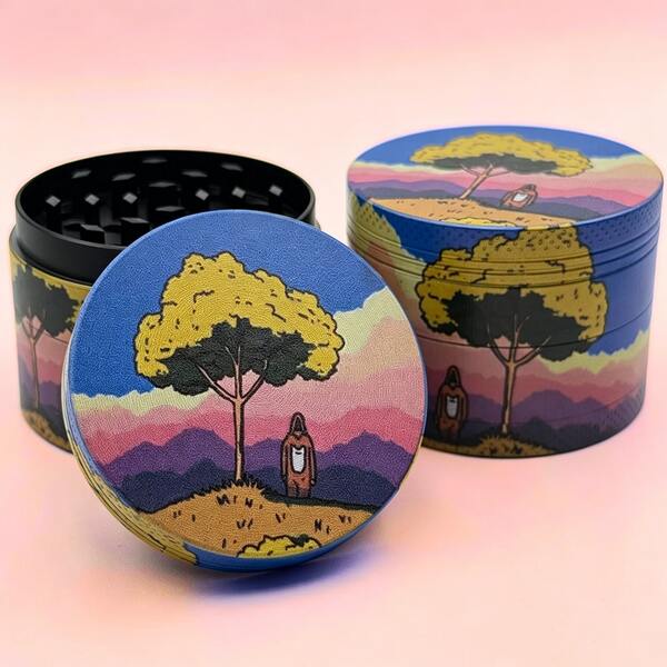 創意日落山脈插圖 4 層鋅合金研磨器，漸層粉色與紫色對比色小眾藝術印花金屬草藥研磨器，抽菸配件，節日禮物！情人節禮物！