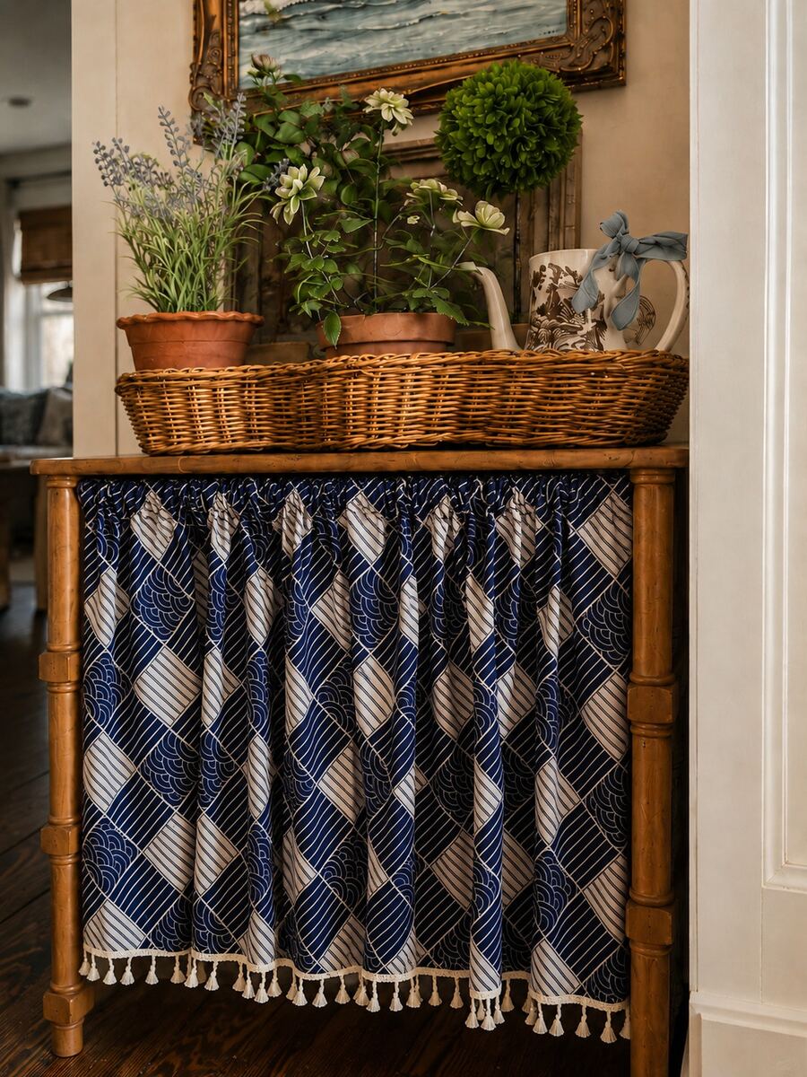 1 Piece Navy Diamond Wave Geometric Cabinet Curtain, 100% Polyester Fabric With White Tassel Trim, Ruffled Rod Pocket Sink Skirt, Dustproof Privacy Cover For Open Shelves, Farmhouse Home Decor(Rod Not Included) - Japanese Window Pattern - View 1
