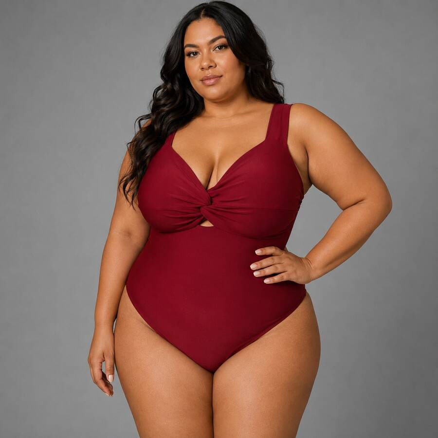 Elegant Women's Sleeveless Plus Size Swimsuit, Regular Length, One-Piece Design With A Twisted Detail At The Front And Slight Stretch For Casual Wear. - Redwood - View 1