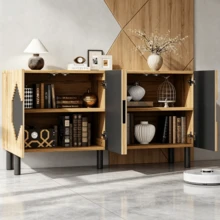 Modern Sideboard With 2 Doors - Shelf Unit With Drawers - Ribbed Pattern - Wood And Black - - Black and Natural - View 4