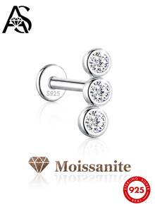 AnlaScheer 1pc Moissanite 925 Sterling Silver Triple Ball Flat Back Helix Cartilage Piercing Stud, Women's Engagement Wedding Bridal Jewelry - Silver - View 1