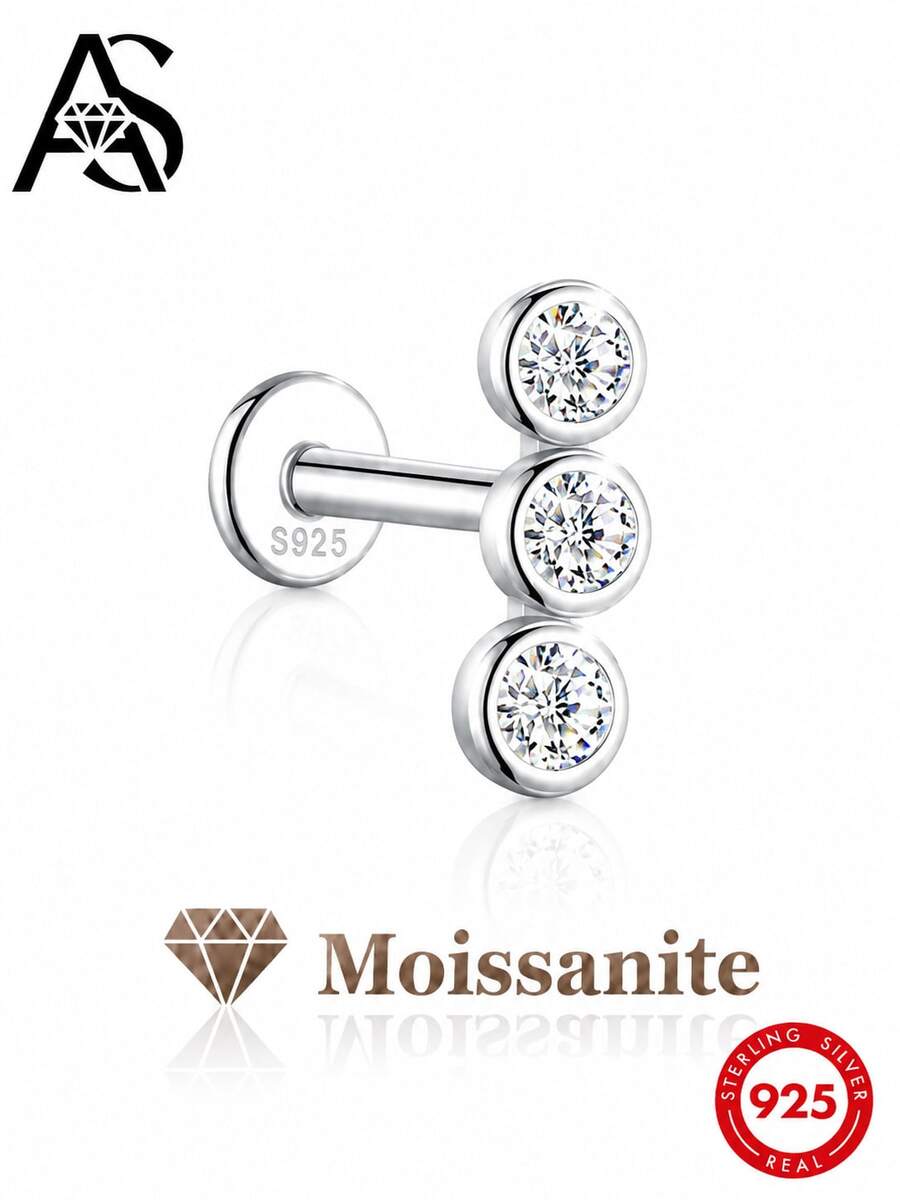 AnlaScheer 1pc Moissanite 925 Sterling Silver Triple Ball Flat Back Helix Cartilage Piercing Stud, Women's Engagement Wedding Bridal Jewelry - Silver - View 1