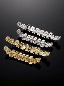 1/2pcs 18K Gold Plated 10-Tooth Full Zirconia Gold Teeth Hip Hop Personalized Halloween Decorative Teeth Suitable For Daily Wear - Multicolor - View 2