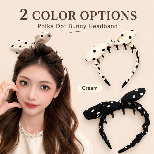 2pcs Polka Dot Fabric Rabbit Ear Headbands, Serrated Non-Slip Teeth Firmly Grip Fine Hair, Lift Up Crown To Achieve Small Face Effect, Comfortable Wear Without Pressing Head Or Irritating Scalp, Suitable For Female Students And Office Women, Perfect For School, Office, Cafe Visits, Dates, Face Washing And Makeup; Compact Size, Black And White Color Options, Vintage Hong Kong Style, Soft And Durable Fabric