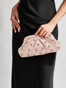 Vintage-Style Pleated Clutch With Rivet Decoration, Ruffled, Cloud-Patterned Beach Bag For Women, Fashionable Clutch Handbag With Chain Strap - 粉色 - 查看 9