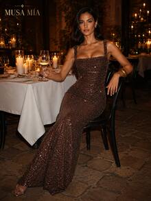 Chocolate Brown Sparkly Sequin Maxi Dress - 巧克力棕 - 查看 7