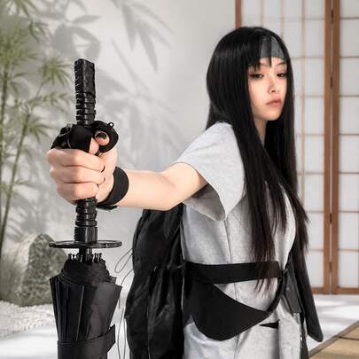 SOMBRILLA KATANA, Alta calidad a prueba de viento negro japonés Samurai espada Katana diseño Golf paraguas lujo Auto función recta Pongee UV Manual