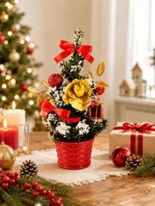 1PC Mini Artificial Christmas Tree, Multi-Style Tabletop Xmas Ornament With Bow Pinecone Flower Ball Decorations, Small Desktop Pine Tree For Indoor Home Window Yard Outdoor Landscape Christmas Party Table Decor & Perfect Xmas Holiday Gift Supplies - Multicolor - View 8