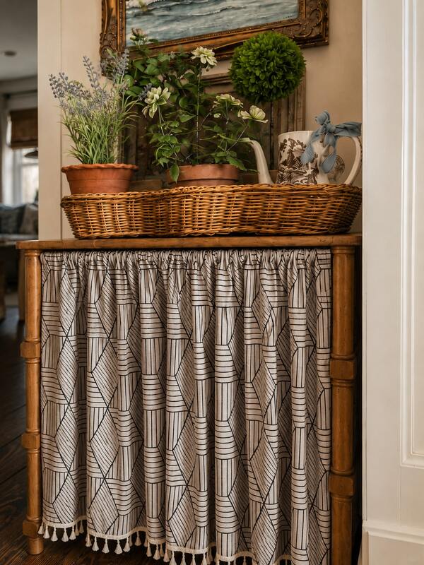 1 rideau d'étagère ouverte géométrique noir et blanc, 100% polyester à franges, rideau long multifonction, housse anti-poussière pour console, meuble, cuisine, salle de bain & décoration vintage neutre pour la maison (tringle non incluse)