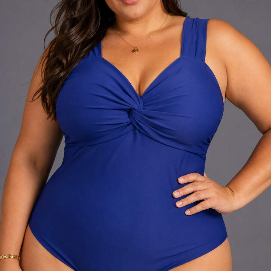 Elegant Women's Sleeveless Plus Size Swimsuit, Regular Length, One-Piece Design With A Twisted Detail At The Front And Slight Stretch For Casual Wear. - 藍色 - 查看 1