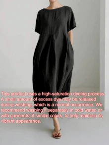 女士优雅简约宽松舒适亚麻连衣裙，圆领短袖带口袋纯色长款亚麻连衣裙，春夏黑色 - 黑色 - 查看 6