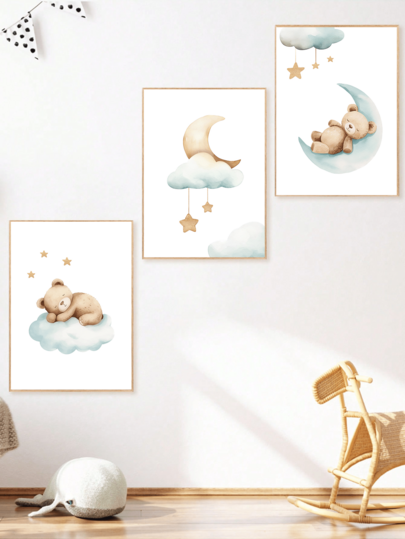 1pc, Canvas Framed Nursery Wall Art Decoration, Watercolor Sleeping Bear Moon Cloud Decorative Painting, Bedtime Forest Theme Wall Decor, Can Be Directly Hung In Baby Crib Corner, Toddler Bedroom, Ideal Gift For Newborns, Perfect Choice For Creating Dreamy Night Sky Children's Room Decor, Parenting Space Decorative Painting, Pregnant Woman Room Poster, Children's Room Decor, Nursery Decor, Parenting Space Decor, Kindergarten Decor, Boy's Room Decor, Girl's Room Decor, Playroom Decor, Waterproof Party Decor