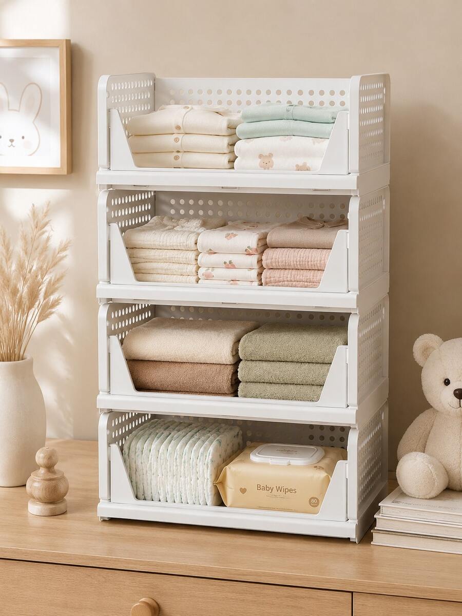 1/2 Layer Stackable Baby Room Storage Box, Front Opening Design, Baby Wardrobe Organizer, Suitable For Clothes, Diapers, Blankets, Towels And Baby Room Essentials - Storage - View 1