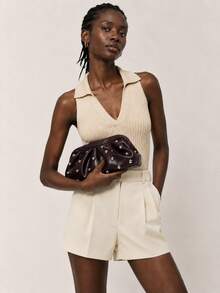 Vintage-Style Pleated Clutch With Rivet Decoration, Ruffled, Cloud-Patterned Beach Bag For Women, Fashionable Clutch Handbag With Chain Strap - 咖啡 - 查看 7