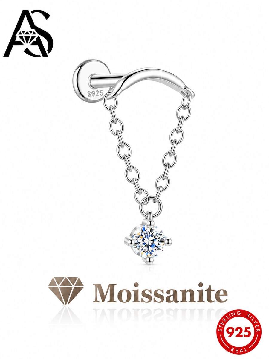 AnlaScheer 1 Stück Moissanit 925er Sterlingsilber Einzelstein Quaste Kette Helix Knorpel Piercing Ohrring, Damen Verlobungs Hochzeit Braut Schmuck - Silber - Übersicht 1