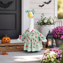 1pc Watermelon Print Porch Goose Outfit, Green Plaid Ruffle Dress With Matching Bow Headpiece, Cute Seasonal Goose Costume, Suitable For Porch Garden Party Decoration, Goose Not Included - Green Plaid Watermelon Goose Outfit - View 10