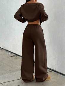 GLOpass Autumn/Winter Casual Solid Color Off-Shoulder Loose Sweatshirt & Sweatpants Versatile Daily Wear Women's 2-Piece Set - Brown - View 4