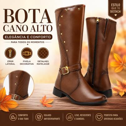 Bota Feminina Cano Alto Montaria Casual Elegante com Fivela e Zíper Lateral Confortável Solado Antiderrapante Moda Inverno Dia a Dia Trabalho Passeio
