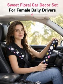 Car Steering Wheel Cover With Printed Pattern, No Inner Ring, Shoulder Pad Set, Fresh Colorful Ditsy Floral Print Car Interior Set, Sweet Girl Style, Soft And Comfortable Car Interior Accessories Set - A - View 5
