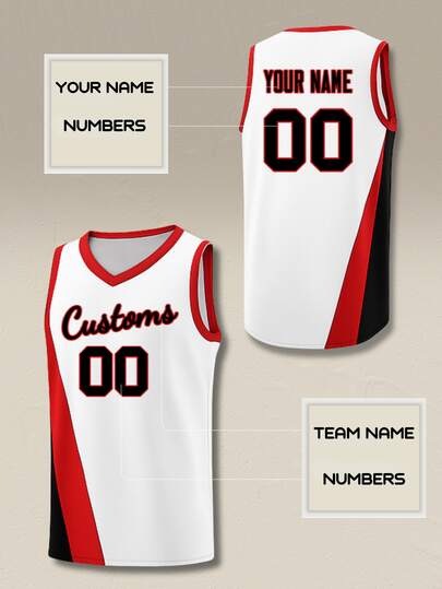 Custom Basketball Jersey Men Personalized Team Name Number White Red Black Striped V Neck Sporty Gameday Shirt Loose Activewear Tops