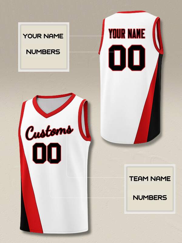 Custom Basketball Jersey Men Personalized Team Name Number White Red Black Striped V Neck Sporty Gameday Shirt Loose Activewear Tops