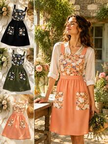 Women's Floral Print Apron Dress, Vintage Garden Style Kitchen Apron, Cute Sleeveless Ruffle Pocket Smock Dress, Suitable For Home And Gardening - Multicolor - View 1