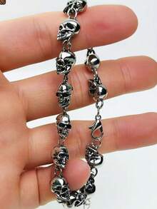 1pc Gothic Punk Skull Chain Bracelet, Halloween Jewelry Decoration - Antique Silver - View 1
