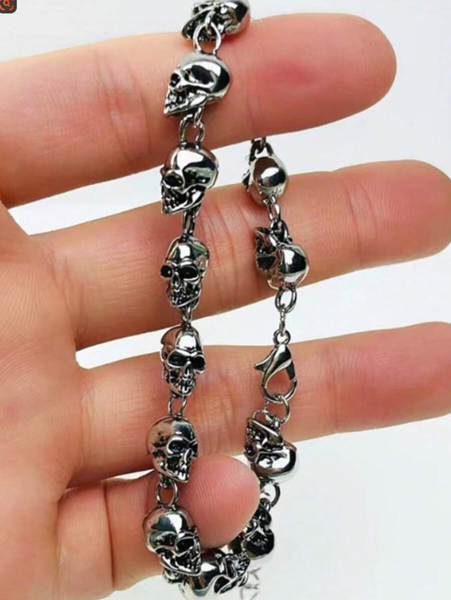 1pc Gothic Punk Skull Chain Bracelet, Halloween Jewelry Decoration - Antique Silver - View 1