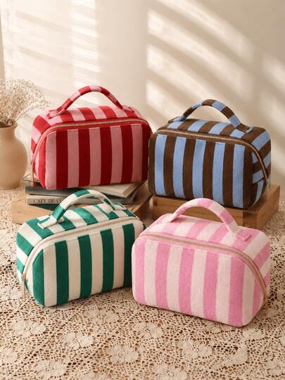 Fashionable Velvet Handbag, Contrasting Striped Pattern Vacation Travel Bag, Bohemian High-End Elegant Handbag, Zippered Portable Storage Bag, Large Capacity Toiletry Bag, Women's Handbag (Random Pattern)