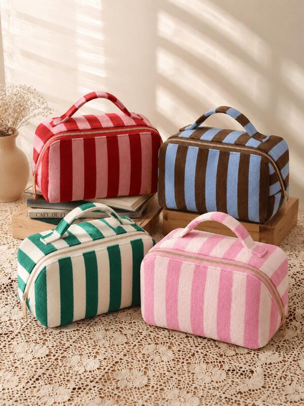 Fashionable Velvet Handbag, Contrasting Striped Pattern Vacation Travel Bag, Bohemian High-End Elegant Handbag, Zippered Portable Storage Bag, Large Capacity Toiletry Bag, Women's Handbag (Random Pattern)