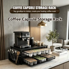 Estante de almacenamiento de cápsulas de café con ranuras de posicionamiento automático, organizador de 2 niveles que ahorra espacio para máquina de café, cápsulas, cucharas y agitadores, soporte de estación de café de metal resistente a la oxidación para encimera de cocina. - Negro - Ver 1