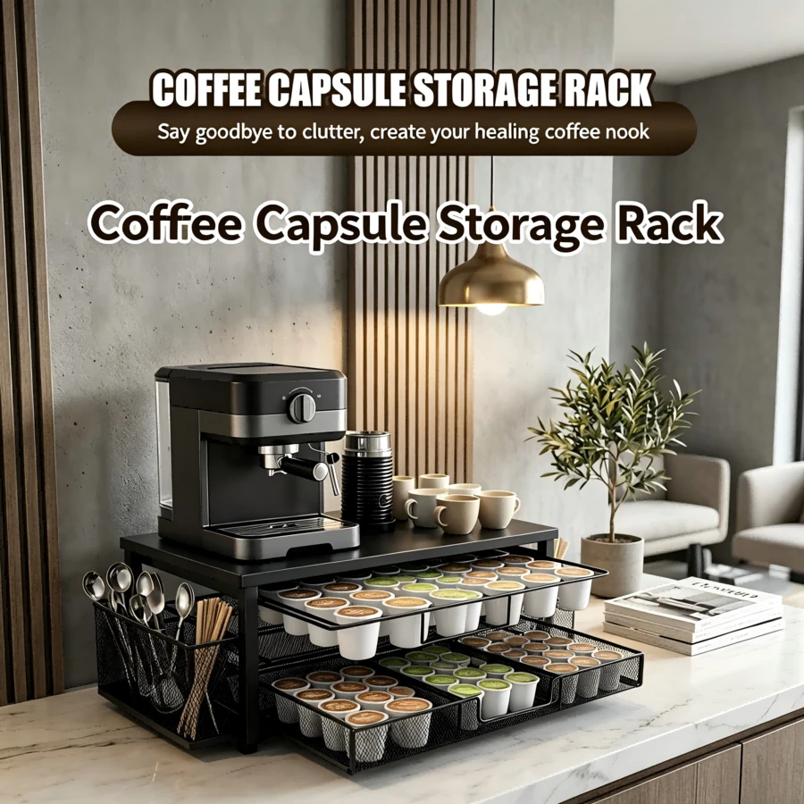 Estante de almacenamiento de cápsulas de café con ranuras de posicionamiento automático, organizador de 2 niveles que ahorra espacio para máquina de café, cápsulas, cucharas y agitadores, soporte de estación de café de metal resistente a la oxidación para encimera de cocina. - Negro - Ver 1