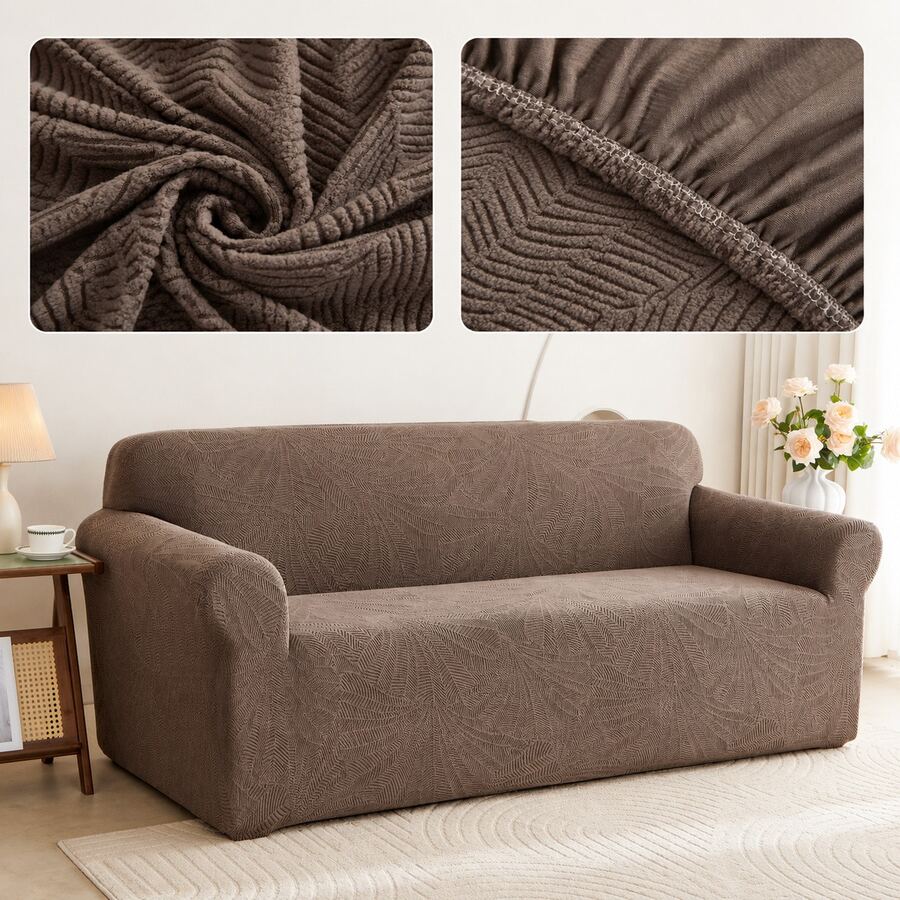1pc Fleece Brown Leaf Pattern Elastic Sofa Cover, Without Pillowcase, Nordic Modern Style Polyester Fiber Dust-Proof Anti-Slip Thickened Sofa Cover, Suitable For 1/2/3/4 Seater Sofa, Suitable For All Seasons Sofa Decoration