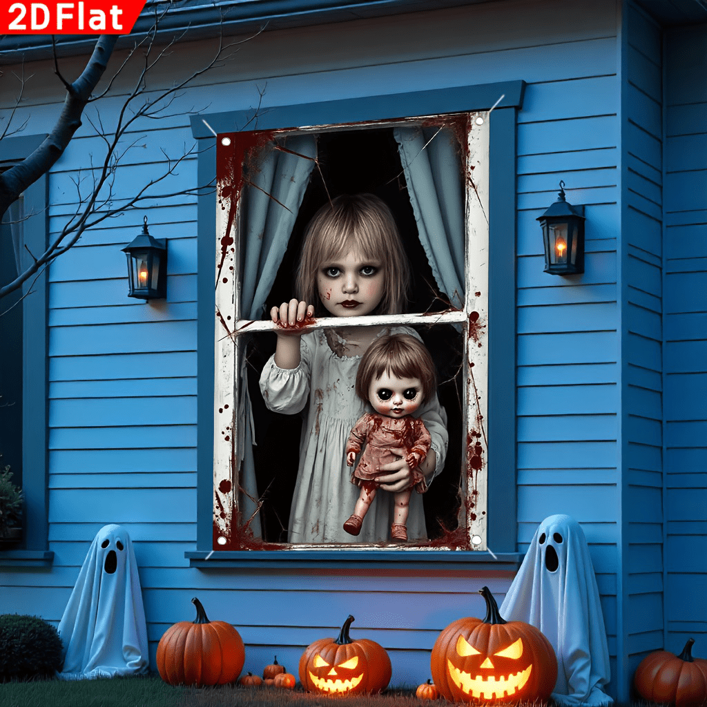 1 Stück Halloween Veranda Banner, Halloween-Themenbanner mit dem Design der schrecklichen Mary, Polyestergewebe, geeignet für Halloween-Themenpartys, Versammlungen, Innen-/Außenbereich, Höfe, Flure, Wände, Raumdekoration