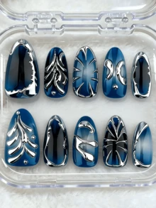 10片裝 3D 銀金雕花波浪星芒穿戴甲片，杏仁形，Y2K 風格夏季美甲用品 - 寶藍色 - 查看 7