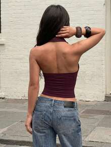 Women's Sexy V-Neck Metal Decor Spaghetti Strap Top, Summer Fitted Ruched Camisole For Party And Outing - Red Violet - View 5