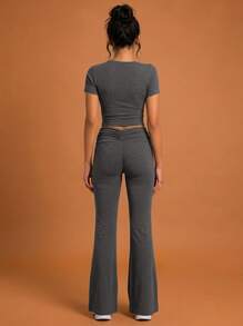 Never me Women's 2pcs Short Sleeve T-Shirt And Sports Long Pants Set, Round Neck Top And High Waist Drawstring Flare Pants - Grey - View 2