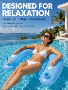 1pc U-Shaped Inflatable Pool Float Lounge Chair With Cup Holder And Handles, Glitter PVC Water Hammock Raft, Suitable For Summer Pool Party And Beach Vacation - B - View 4