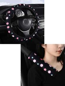Car Steering Wheel Cover With Printed Pattern, No Inner Ring, Shoulder Pad Set, Fresh Colorful Ditsy Floral Print Car Interior Set, Sweet Girl Style, Soft And Comfortable Car Interior Accessories Set - A - View 10