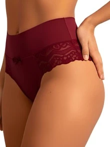 Elegant High-Waisted Panties With Delicate Floral Lace | Comfortable For Everyday Wear, Solid Color, Elastic - Burgundy - View 1