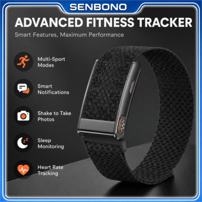 Opaska fitness SENBONO ECG z wieloma trybami sportowymi, monitorem tętna i snu, powiadomieniami o wiadomościach oraz zdalnym sterowaniem aparatem przez potrząsanie do robienia zdjęć