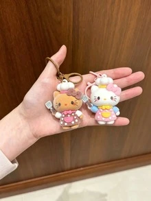 Sanrio 可愛 Hello Kitty 主廚植絨鑰匙圈吊飾，3D 卡通 KT Cat 可愛掛飾，適合包包、車鑰匙，女孩禮物 - 彩色 - 查看 3