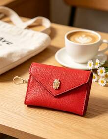 Michael Kors MK Leather Key Ring Wallet, Unisex, Ultra-Thin Coin Purse, Classic Flap Card Holder, Red - Red - View 1