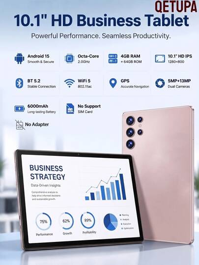 Qetupa 10,1 Zoll Android 15 Tablet, 4GB RAM 64GB ROM Octa-Core 2,0GHz, 1280*800 HD IPS Touchscreen, Bluetooth 5.2 WiFi5 GPS, 5MP+13MP Dual Kamera, 6000mAh großer Akku, kein SIM-Kartenschacht, Adapter nicht enthalten