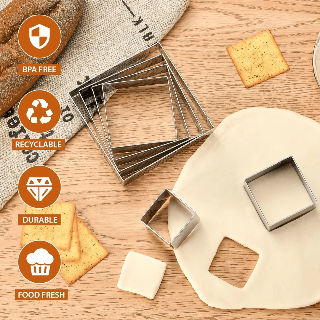 Cake Ring Set, 5PCS Square Stainless Steel, Smooth Edge Easy Clean, Pancake Biscuit Molds, Cake Decorating