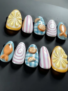 10pcs 3D Fish & Lemon Pattern Press-On Nails, Y2K Style Almond Shape Summer Nail Art Stickers - Baby Blue - View 2