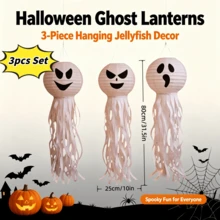 3 Buah Lampion Kertas Hantu Ubur-ubur Halloween, Ornamen Gantung Wajah Menyeramkan dan Tentakel untuk Dekorasi Pesta di Halaman dan Teras - Putih - View 5